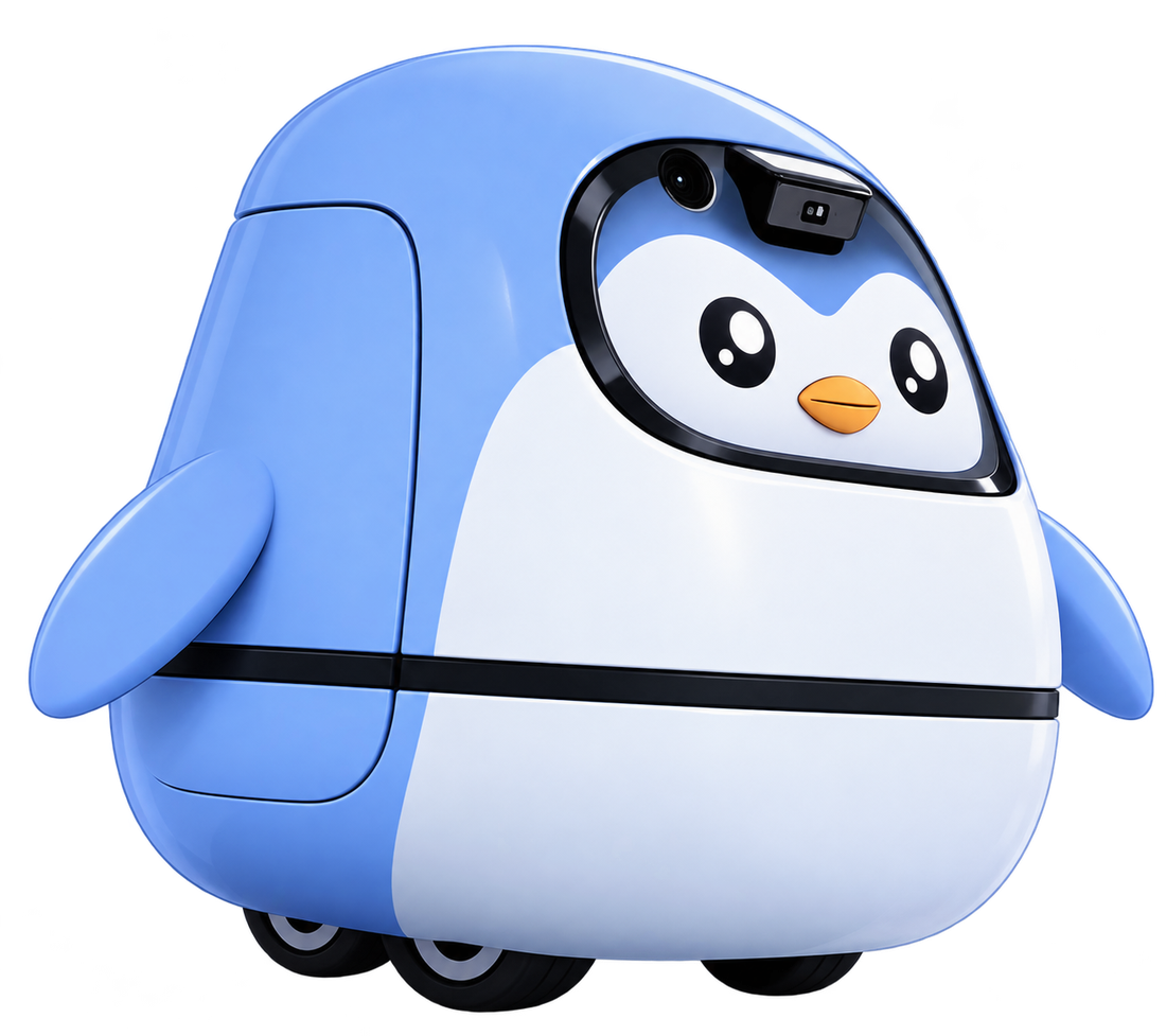 RICE, a round blue penguin robot on wheels